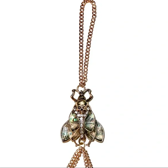 Gold & Abalone Iridescent  Skull Moth Statement Hand Chain - Picture 9 of 14